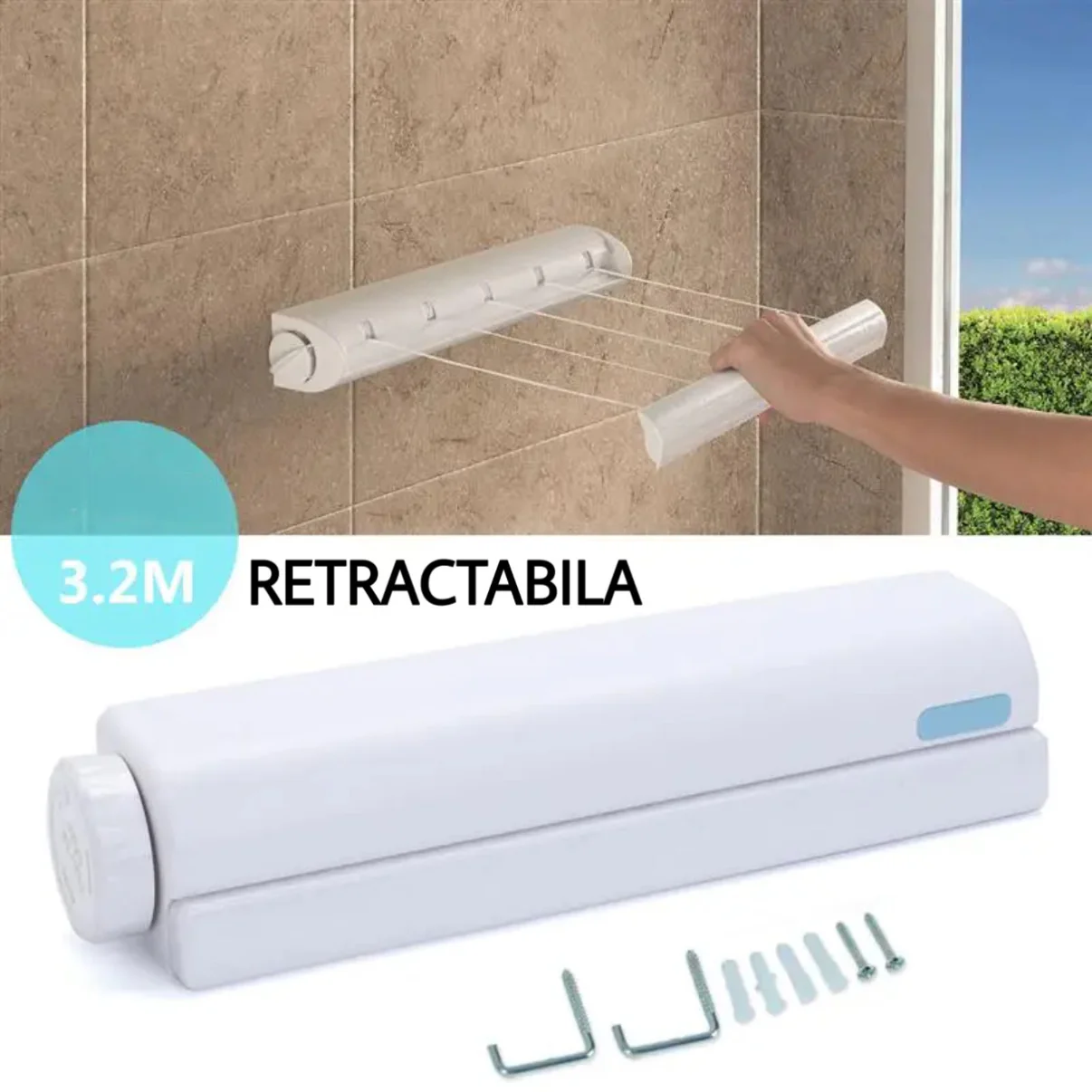 Uscator de rufe retractabil, prindere pe perete, kit montaj inclus, 4 funii x 3.2 m, alb