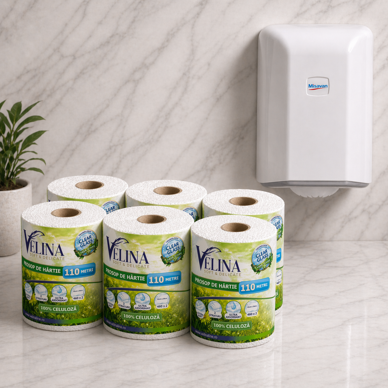 Bax 6 Role Prosop Bucatarie Velina 110m si Dispenser Misavan